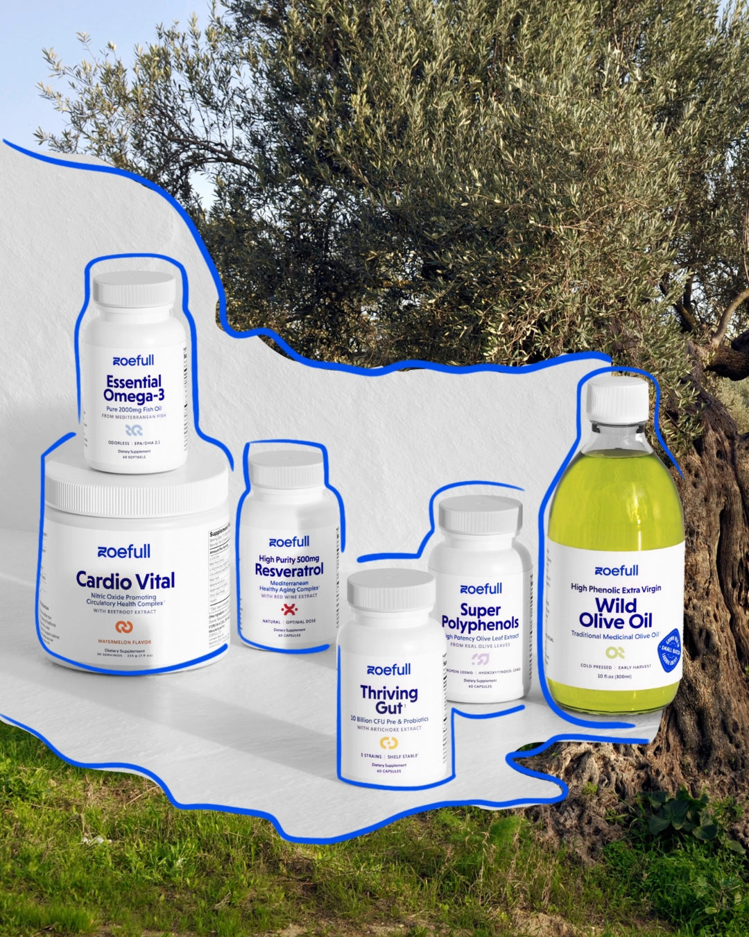 A design of the full collection of products by zoefull. It feautres the following products: wild olive oil, essential omega 3, thriving gut, cardio vital, super polyphenols and resveratrol.