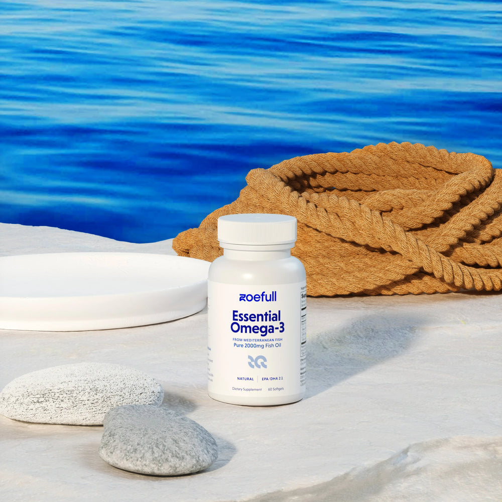 A studio photo of Zoefull's essential omega 3 fish oil supplement bottle in a harbor with rope and the sea as the background.