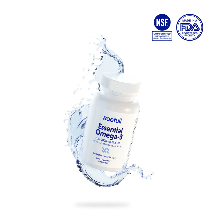 A 3D image of zoefull's fish oil with a splash of water and two budges: NSF GMP certified and Made in an FDA registered facility.