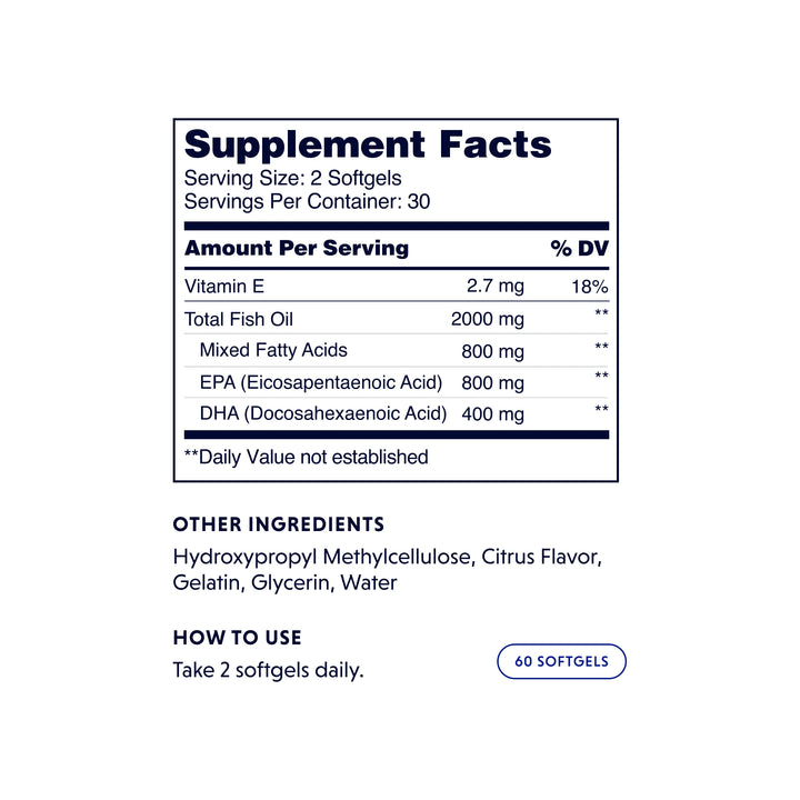 The supplement facts table of zoefull's essential omega 3 fish oil supplement.
