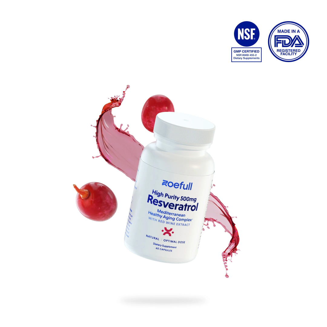 A 3D of zoefull's resveratrol supplement with two budges: NSF GMP certified and Made in an FDA registered facility.