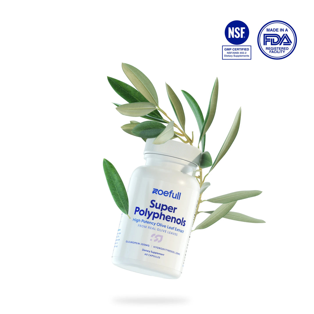 A 3D with zoefull's super polyphenols olive leaf extracts and two budges: NSF GMP Certified and Made in an FDA Registered facility.