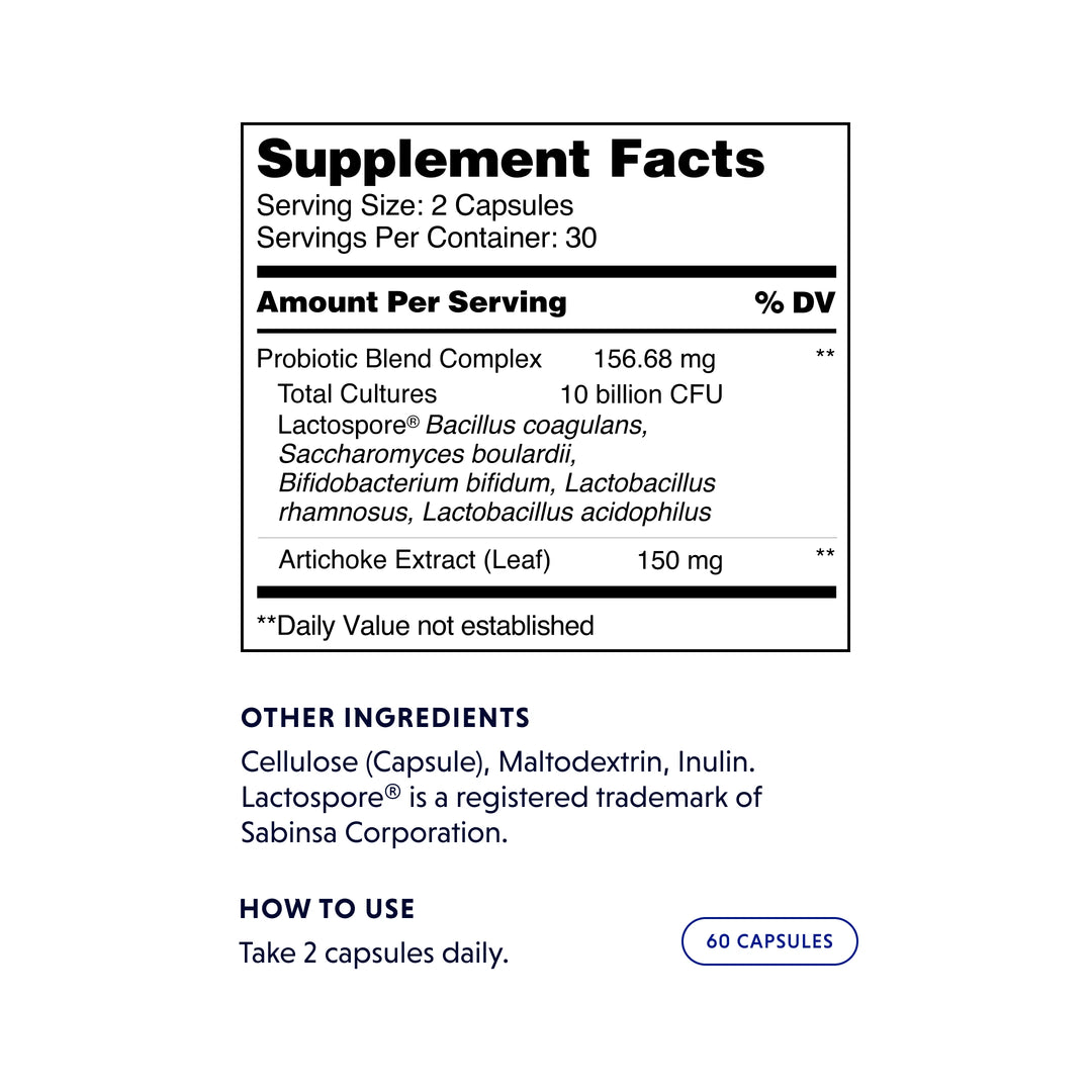 The supplement facts table of zoefull's thriving gut supplement.
