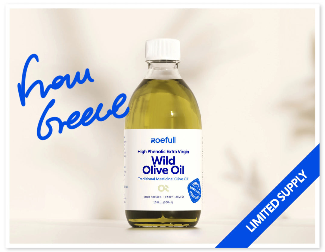 Zoefull's Greek Wild Olive OIL 300 ml bottle. A high phenolic mediicnal olive oil in limited supply.