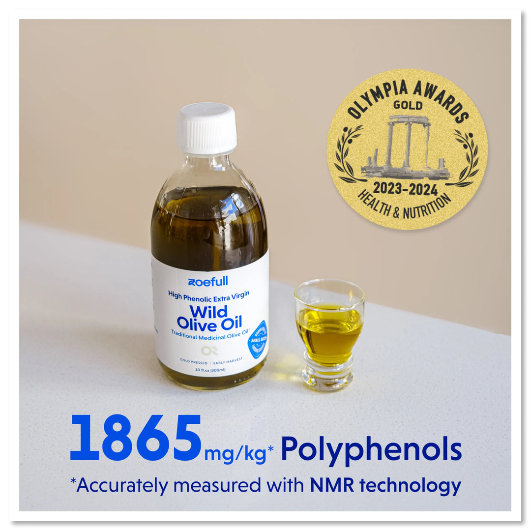 A picture of zoefull's olive oil on the counter with a glass shot of olive oil next to it. The picture says ''1865mg/kg polyphenols accurately measured with NMR technology''
